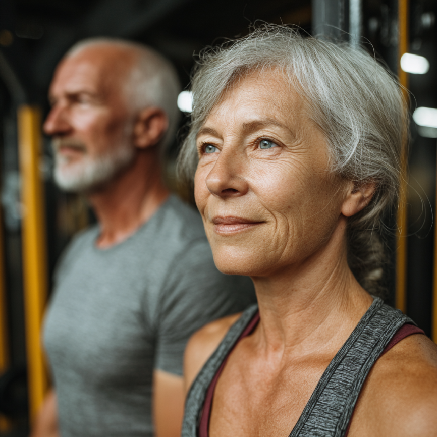 Група літніх людей займається йогою на природі